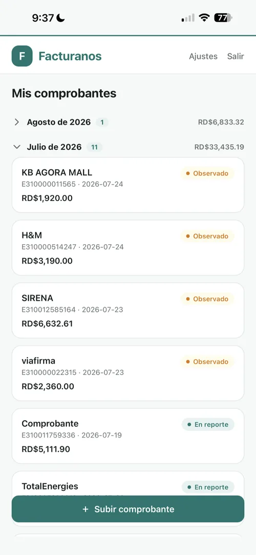 Lista de comprobantes del cliente y su estado